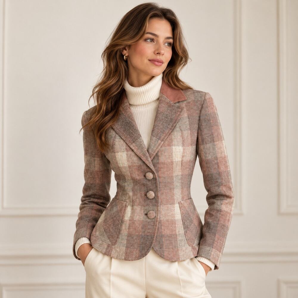 Vintage 70s Adolph Schuman Lilli Ann Plaid Blazer Wool Pink Gray  M